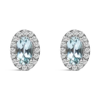 10K White Gold 5x3 MM Oval Blue Aquamarine and Diamond Halo Stud Earrings (I-J Color, I1-I2 Clarity)