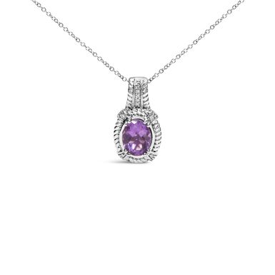 .925 Sterling Silver 9x7mm Oval Purple Amethyst and Round Diamond Accent Fashion Drop Pendant 18 Inch Necklace (I-J Color, I1-I2 Clarity)