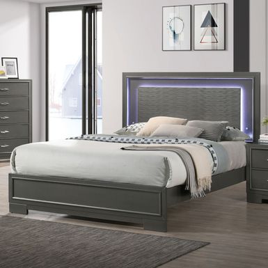 Contemporary Gray Wood Frame California King Platform Bed with LED