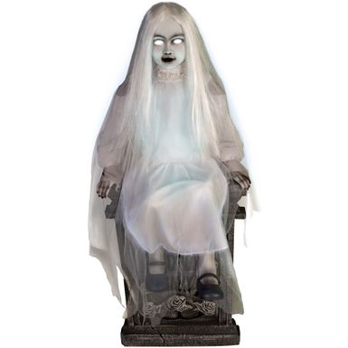 Motion-Activated Sitting Tombstone Girl by Tekky, Premium Talking Halloween Animatronic, Plug-In or Battery