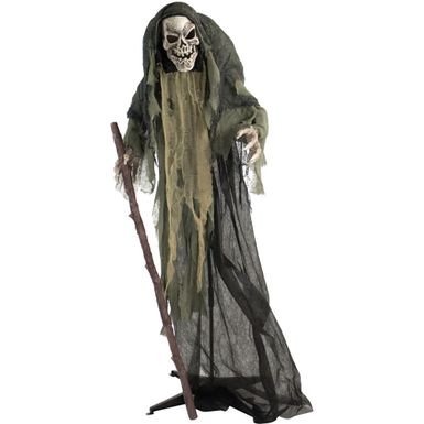 Life-Size Animatronic Skeleton Reaper Holding Staff with Lights and Sound, Indoor/Covered Outdoor Halloween Decoration