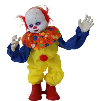 2-Ft. Bobo the Talking Animatronic Clown, Indoor or Covered Outdoor Halloween Decoration, Red LED Eyes, Battery-Operated