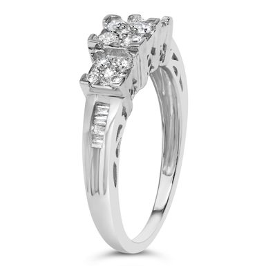 10K White Gold 1/2 Cttw Brilliant & Baguette Cut Diamond 3 Stone Design with 3 Square Clusters Engagement Ring (H-I Color, SI2-I1 Clarity) - Size 6-3/4