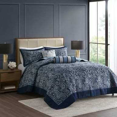 Navy Aubrey 5 Piece Jacquard Bedspread Set with Throw Pillows, King