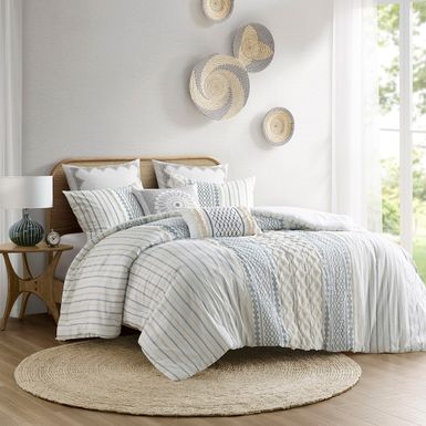 White/Navy Imani Cotton Printed Comforter Set with Chenille Full/Queen