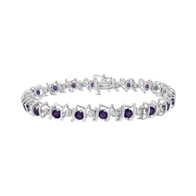 .925 Sterling Silver, Lab Created Gemstone and 1/6 Cttw Round Diamond Tennis Bracelet (H-I Color, I1-I2 Clarity) - Created Purple Amethyst, February Birthstone