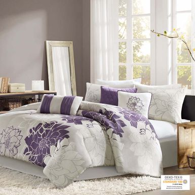 Taupe Grey/Purple Lola Printed Cotton Sateen Comforter Set Twin/Twin XL