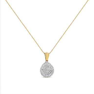 10K Yellow Gold 1/2 Cttw Round and Baguette Cut Diamond Oval Burst 18" Pendant Necklace (J-K Color, I1-I2 Clarity)