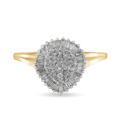 10K Yellow Gold 1/2 Cttw Round & Baguette Cut Diamond Pear Shaped Domed Pavé Cluster with Halo Cocktail Ring (J-K Color, I1-I2 Clarity) - Size 4-1/4