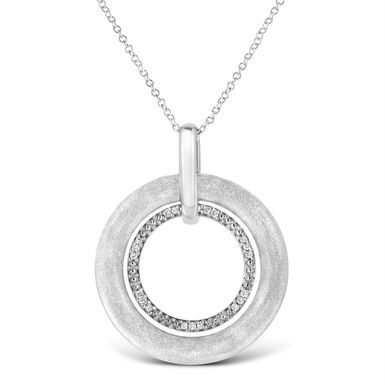 .925 Sterling Silver Prong-Set Diamond Accent Satin Finished Double Circle 18" Pendant Necklace (I-J Color, I1-I2 Clarity)