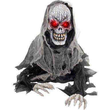 27-In. Cyprus the Animatronic Skeleton Reaper, Indoor or Covered Outdoor Halloween Decoration, Red LED Eyes, Battery-Operated