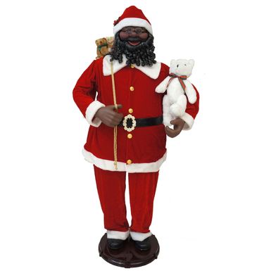 Christmas Time 58-In. African American Dancing Santa with Toy Sack and Teddy Bear, Animated Christmas Decorations, Holiday Home Decor