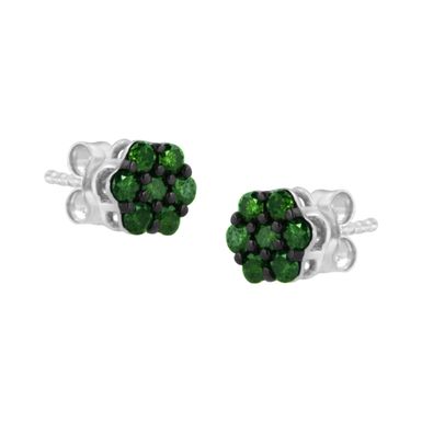 .925 Sterling Silver 2.0 Cttw Prong Set Round-Cut Treated Green Diamond Floral Cluster Stud Earring (Fancy Green Color, I1-I2 Clarity)