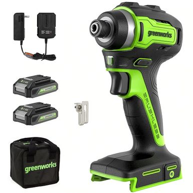 Greenworks - 24-Volt Cordless Brushless 1/4 Impact Driver (2 x 1.5Ah USB Batteries and Charger Included) - green