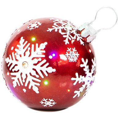 Fraser Hill Farm Indoor/Outdoor Oversized Christmas Decor w/ Long-Lasting LED Lights, 18-In. Jeweled Ball Ornament w/Snowflake Design in Red