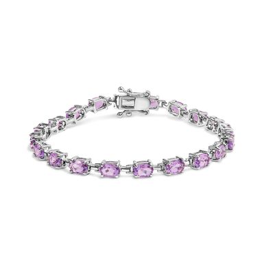 .925 Sterling Silver 8 1/2 Cttw Oval Shaped Purple Amethyst Link Bracelet - 7" Inches