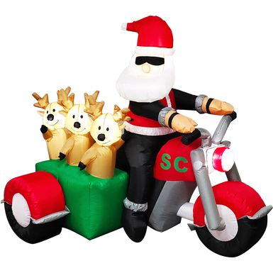 Fraser Hill Farm 6-Ft. Tall Prelit Santa on Motorcycle with Reindeer Sidecar Inflatable