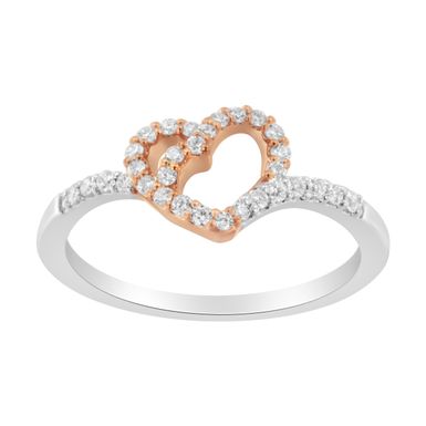 10K Rose Gold over .925 Sterling Silver 1/5 Cttw Diamond Two Tone Open Heart Promise or Fashion Ring (I-J Color, I2-I3 Clarity) - Size 6-1/2