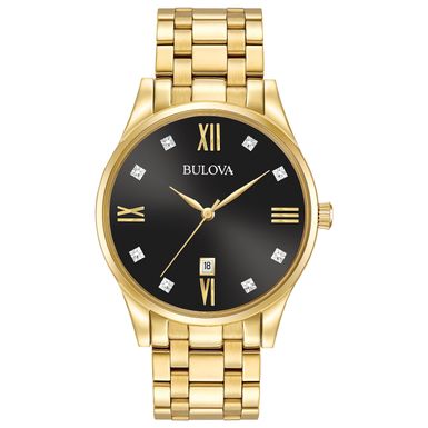 Bulova  - Mens Diamond Gold-Tone Stainless Steel Watch Black Dial