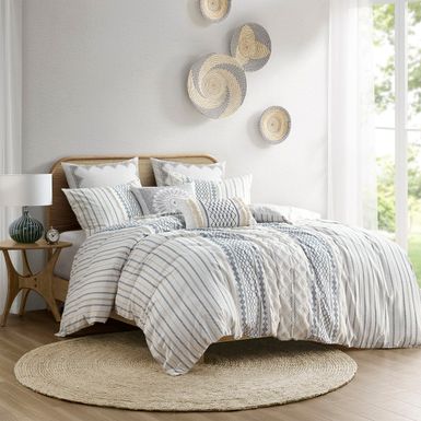 White/Navy Imani Cotton Printed Duvet Cover Set with Chenille King/Cal King