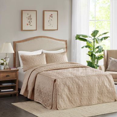 Khaki Quebec 3 Piece Split Corner Pleated Quilted Bedspread King