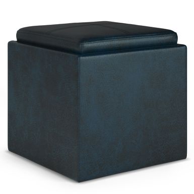 Simpli Home - Rockwood Cube Storage Ottoman with Tray - Distressed Dark Blue