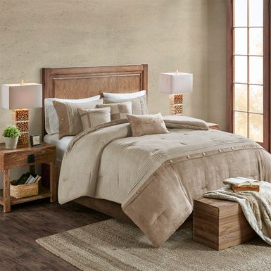 Tan Boone 7 Piece Faux Suede Comforter Set, Queen