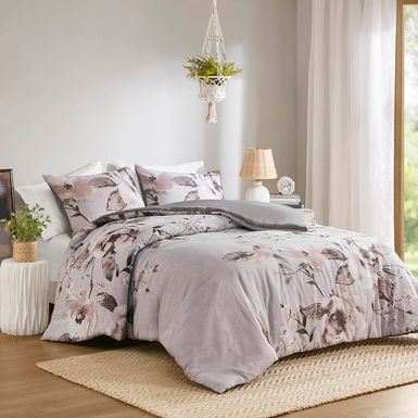 Lilac Neko 3 Piece Floral Printed Duvet Cover Set King/Cal King