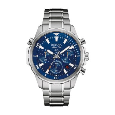 Bulova - Mens Marine Star Silver-Tone Stainless Steel Watch Blue Dial