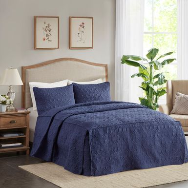 Navy Quebec 3 Piece Split Corner Pleated Quilted Bedspread Queen