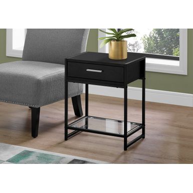 Accent Table/ Side/ End/ Nightstand/ Lamp/ Storage Drawer/ Living Room/ Bedroom/ Metal/ Laminate/ Tempered Glass/ Black/ Clear/ Contemporary/ Modern