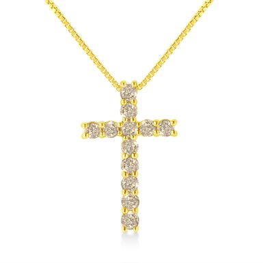 10K Yellow Gold Plated .925 Sterling Silver 1/2 Cttw Fancy Champagne Diamond Cross 18" Pendant Necklace (K-L Color, I1-I2 Clarity)