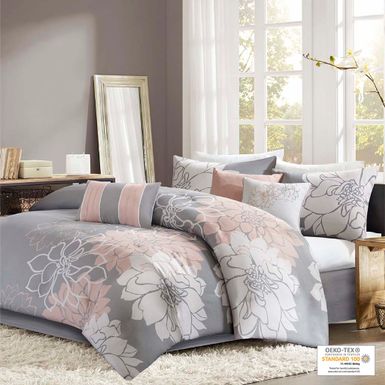 Grey/Peach Lola Printed Cotton Sateen Comforter Set Twin/Twin XL