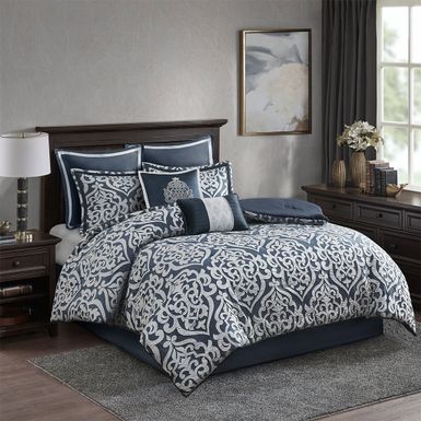 Navy/Silver Odette 8 Piece Jacquard Comforter Set Queen