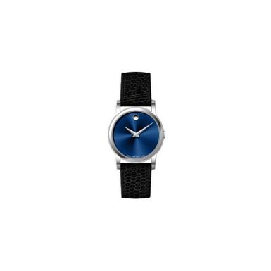 Movado  - Ladies Museum Classic Silver & Black Textured Leather Strap Watch Blue Dial