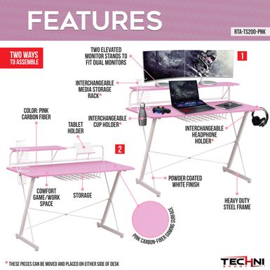 Carbon Computer Gaming Desk with Shelving, Pink