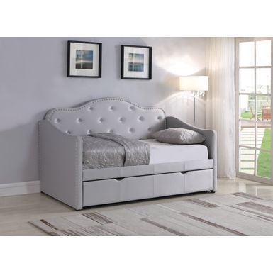 Upholstered Twin Daybed with Trundle Pearlescent Grey