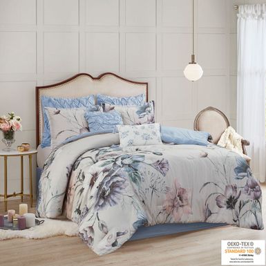 Blue Cassandra 8 Piece Cotton Printed Comforter Set, Queen