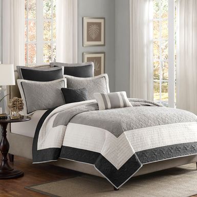 Black Attingham 7 Piece Quilt Set with Euro Shams and Throw Pillows, Full/Queen