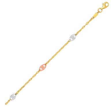 14k Three Toned Yellow White and Rose Gold Anklet with Textured Ovals (10 Inch)