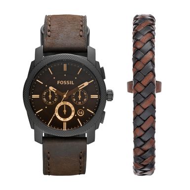 Fossil  - Mens Machine Chronograph Dark Brown Leather Watch & Bracelet Box Set