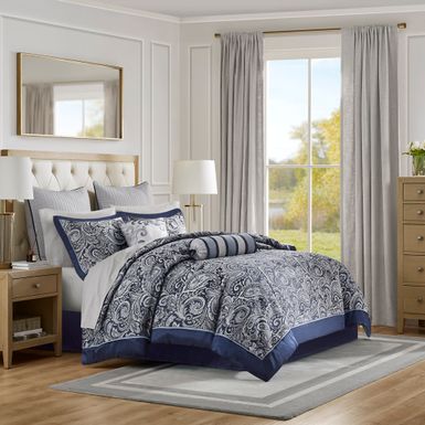 Navy Aubrey 12 Piece Comforter Set with Cotton Bed Sheets, Cal King