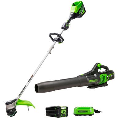 Greenworks - 80 Volt 16-Inch Cutting Diameter Straight Shaft Grass Trimmer and Axial Blower (1 x 2.0Ah Battery and 1 x Charger) - Green