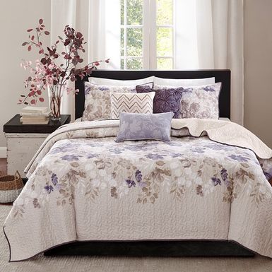 Taupe Luna 6 Piece Printed Quilt Set with Throw Pillows Full/Queen