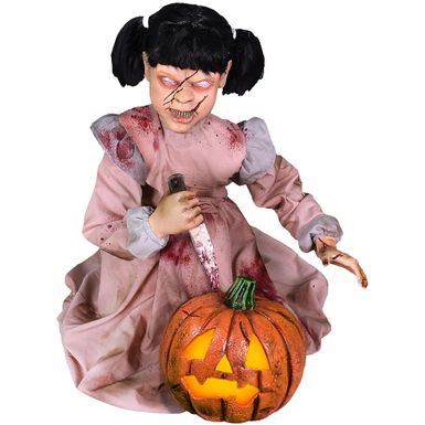 Lunging Pumpkin Carver Zombie Girl with Jack O'Lantern by Tekky, Premium Talking Halloween Animatronic, Plug-In or Battery