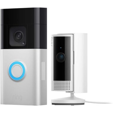 Ring - Essential Security Set with Battery Doorbell Plus and Indoor Cam - Satin Nickel and White