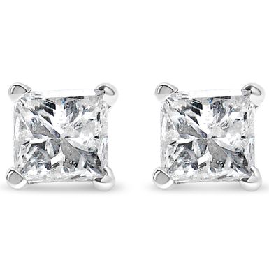 14K White Gold 1/2 Cttw Princess-Cut Square Near Colorless Diamond Classic 4-Prong Solitaire Stud Earrings (H-I Color, I1-I2 Clarity)