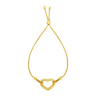 Adjustable Bracelet with Shiny Open Heart in 14k Yellow Gold (9.25 Inch)