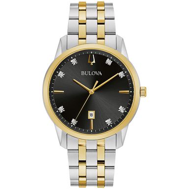 Bulova  - Mens Sutton Silver & Gold Crystal Stainless Steel Watch Black Dial