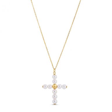 14k Yellow Gold Pearl Cross Pendant